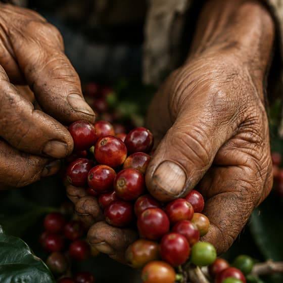 Hands picking ripe red coffee cherries from the branch