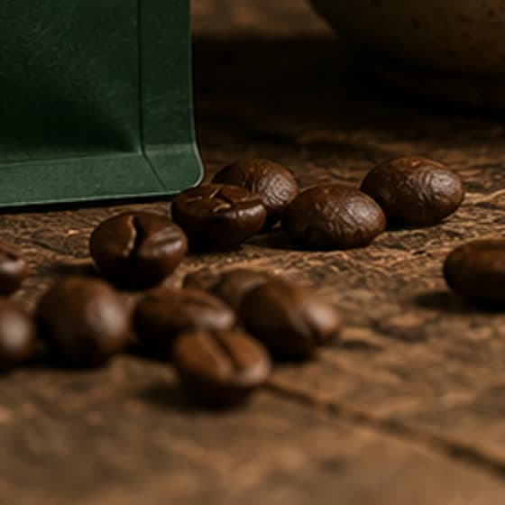 Dark roasted coffee beans resting on weathered wood