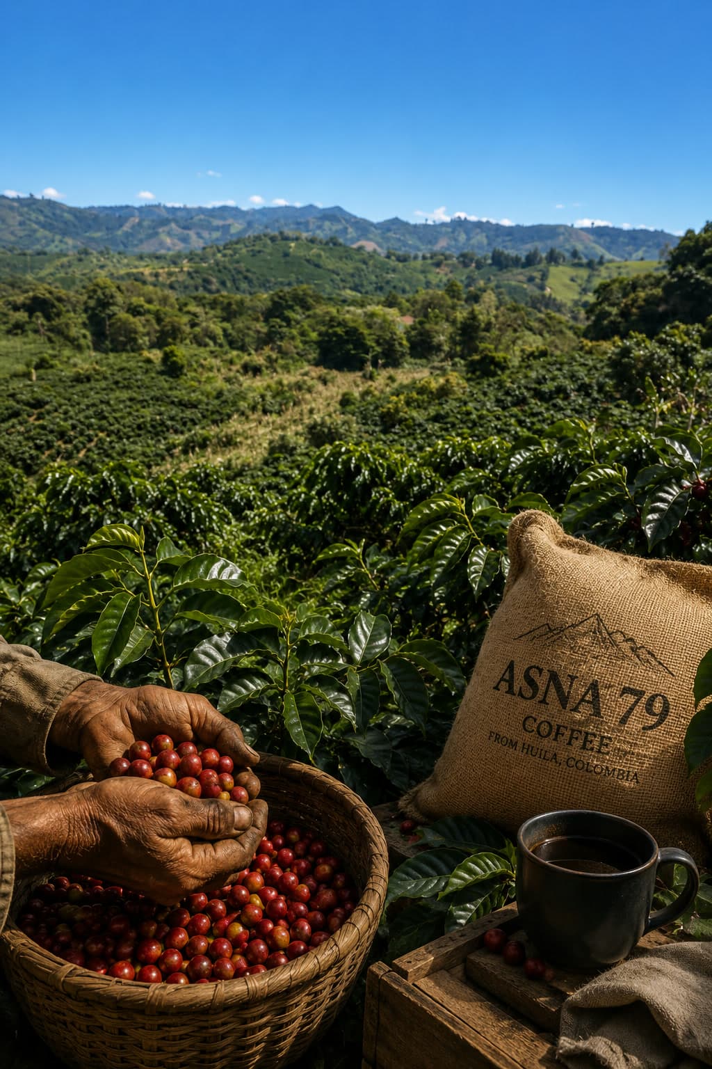 A coffee farmer's hands lifting ripe cherries from a woven basket, with an ASNA 79 burlap sack and the Huila hills behind